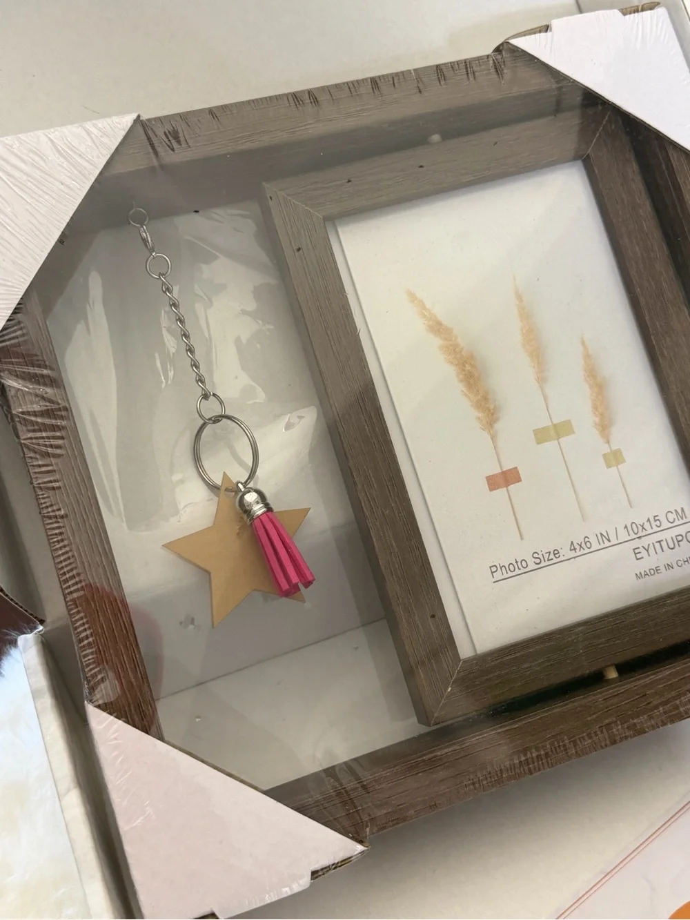 Wood Finish Brown Photo Frame with Pink Tassel Keychain